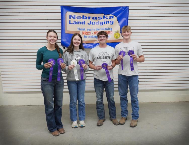   Congratulations to the Elmwood-Murdock team for placing first at the 2025 State Land Judging contest. The team includes Ayzlee Haertel, Carson Towle, Grayson Schroll, Cami Dieter and is coached by Alan Barnes. (Photo <a href="https://www.nrdnet.org/nrds/lower-platte-north-nrd">Lower Platte North NRD</a>)